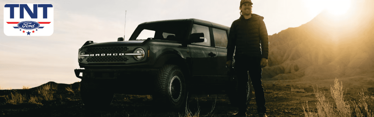 A rugged Ford Bronco parked outside TNT Ford in Montgomery County, Iowa, is ready for adventure.