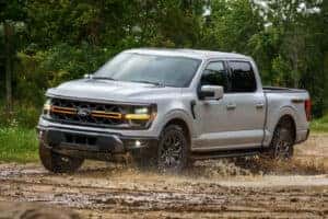 grey ford raptor driving in the mud