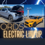 Ford electric vehicle lineup with silver F-150 lightning and yellow Mustang Mach-E