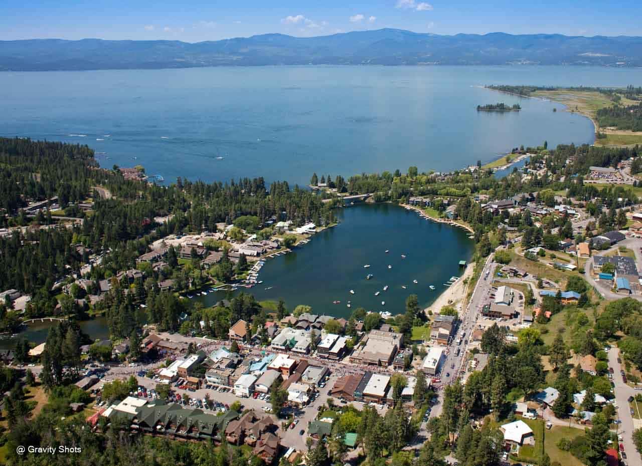 Ariel view of Bigfork mountain just off the shore of Flathead Lake in Northwest Montana