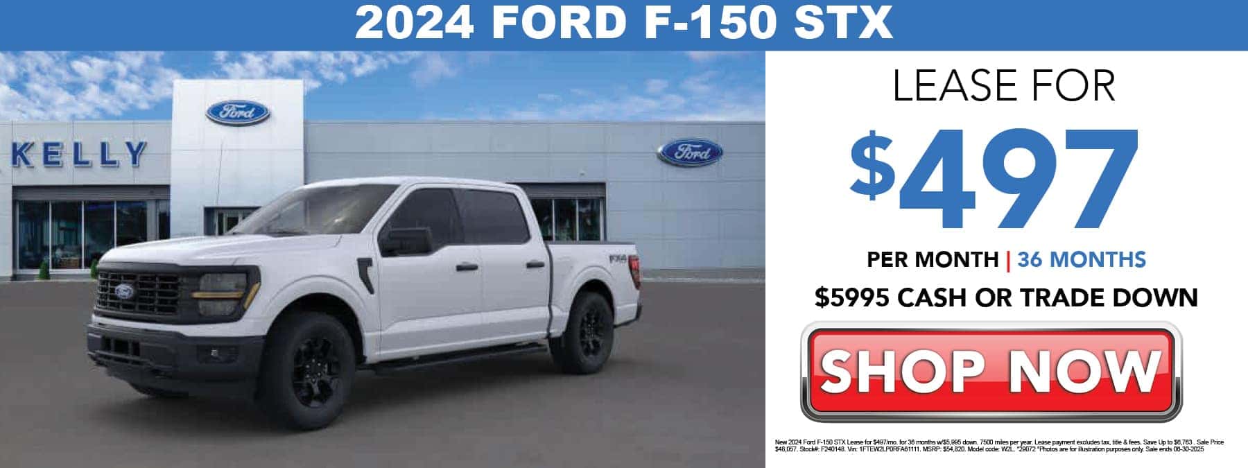 Lease the 2024 Ford F-150 STX for $497 per month for 36 months with $5,995 cash or trade down