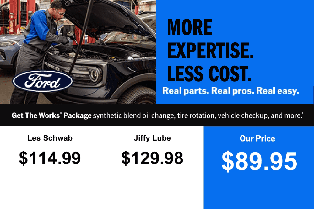 Get The Works package synthetic blend oil change, tire rotation, vehicle checkup, and more.