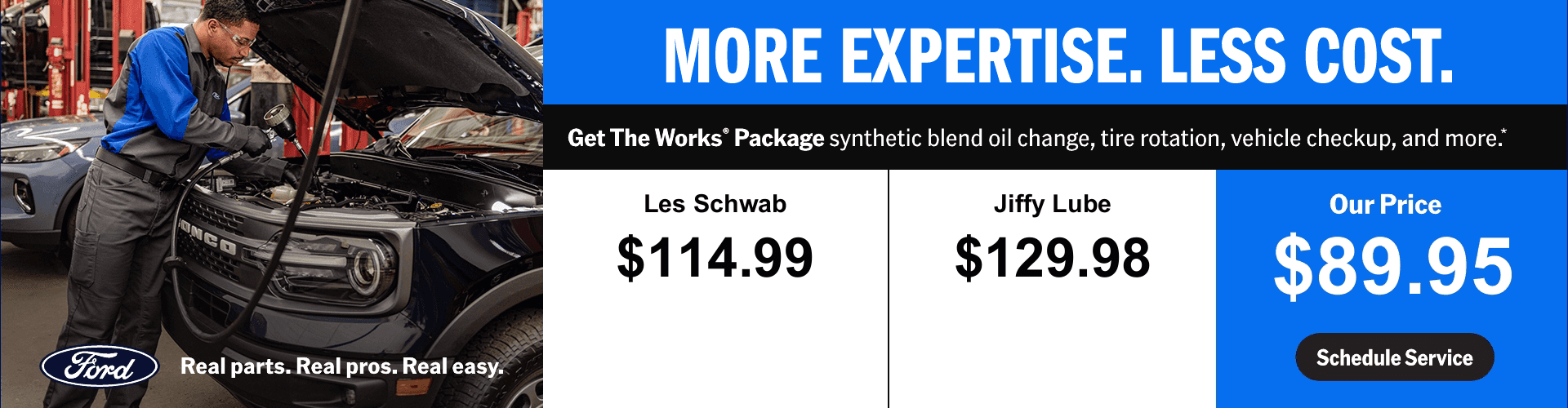 Get The Works package synthetic blend oil change, tire rotation, vehicle checkup, and more.