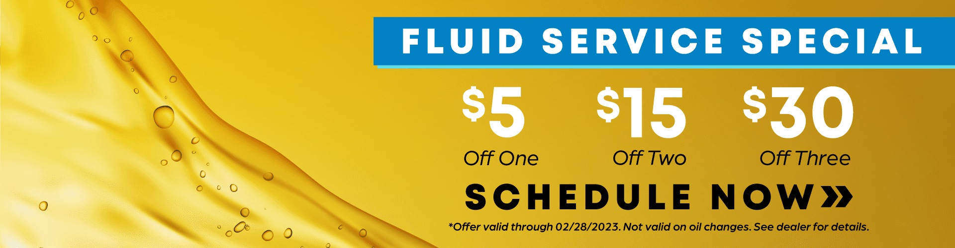 Fluid Service Special $5 off one, $15 off two, $30 off three