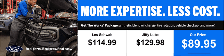 Get The Works package synthetic blend oil change, tire rotation, vehicle checkup, and more.