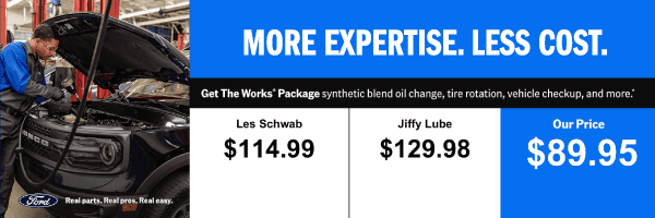 Get The Works package synthetic blend oil change, tire rotation, vehicle checkup, and more.