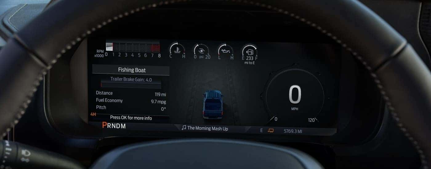 A close up shows the digital gauge in a 2025 Ford F-150. 