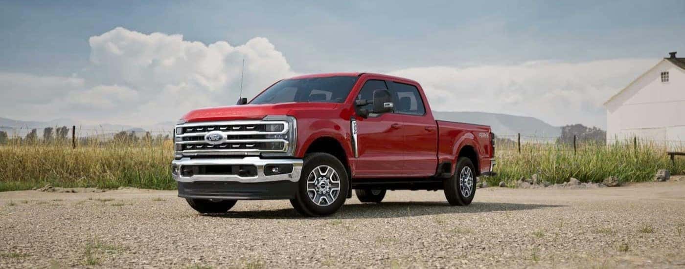 A red 2025 Ford F-250 parked after visiting a Ford dealer near Salinas.