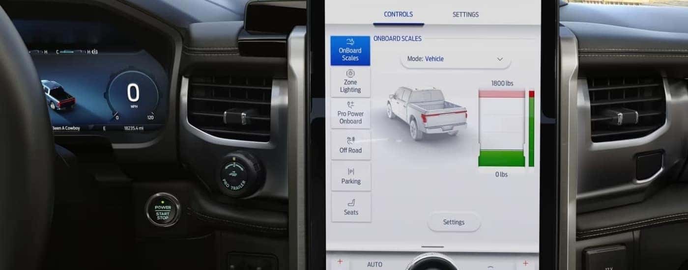 Infotainment screen showing onboard scales in a 2022 Ford F-150 Lightning.