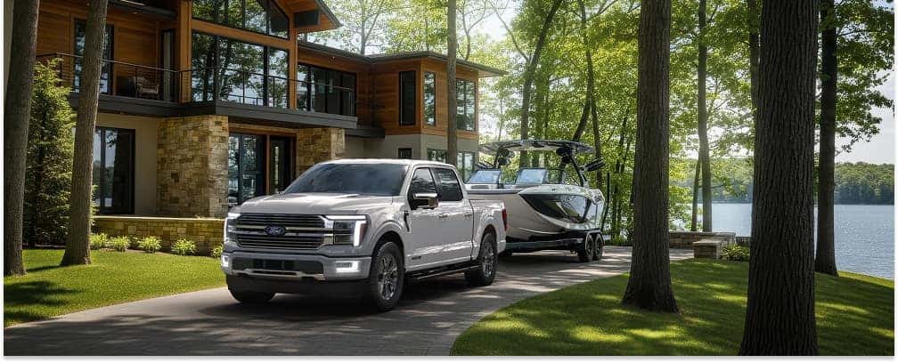 White 2026 Ford F-150 pickup truck towing a boat down a paved driveway near a lake.