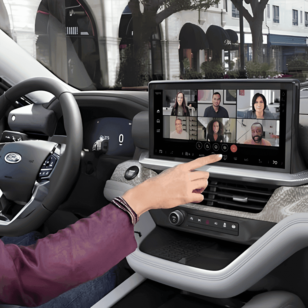 Ford Connectivity Package - driver tapping on a screen showing a video conference call