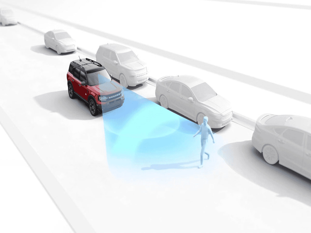 Ford Co-Pilot360 Pre-Collision Assist detecting a pedestrian on the 2026 Bronco Sport
