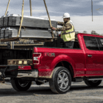 2020 Ford F-150 Magma Red trucked loaded by two construction workers