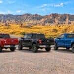 Three 2026 Ford F-150 trucks representing SuperCrew, SuperCab, and Regular Cab configurations in South Dakota