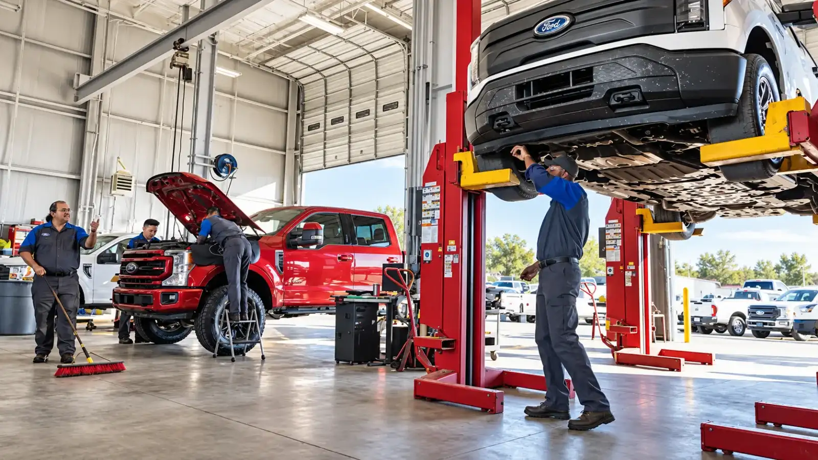 Ford F-150 undergoing a service-bay inspection before purchase