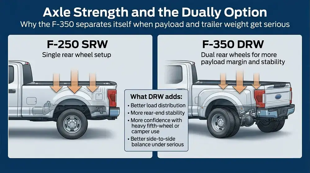 F-250 SRW vs DRW wheel setup comparison diagram dual rear wheel inner outer wheel