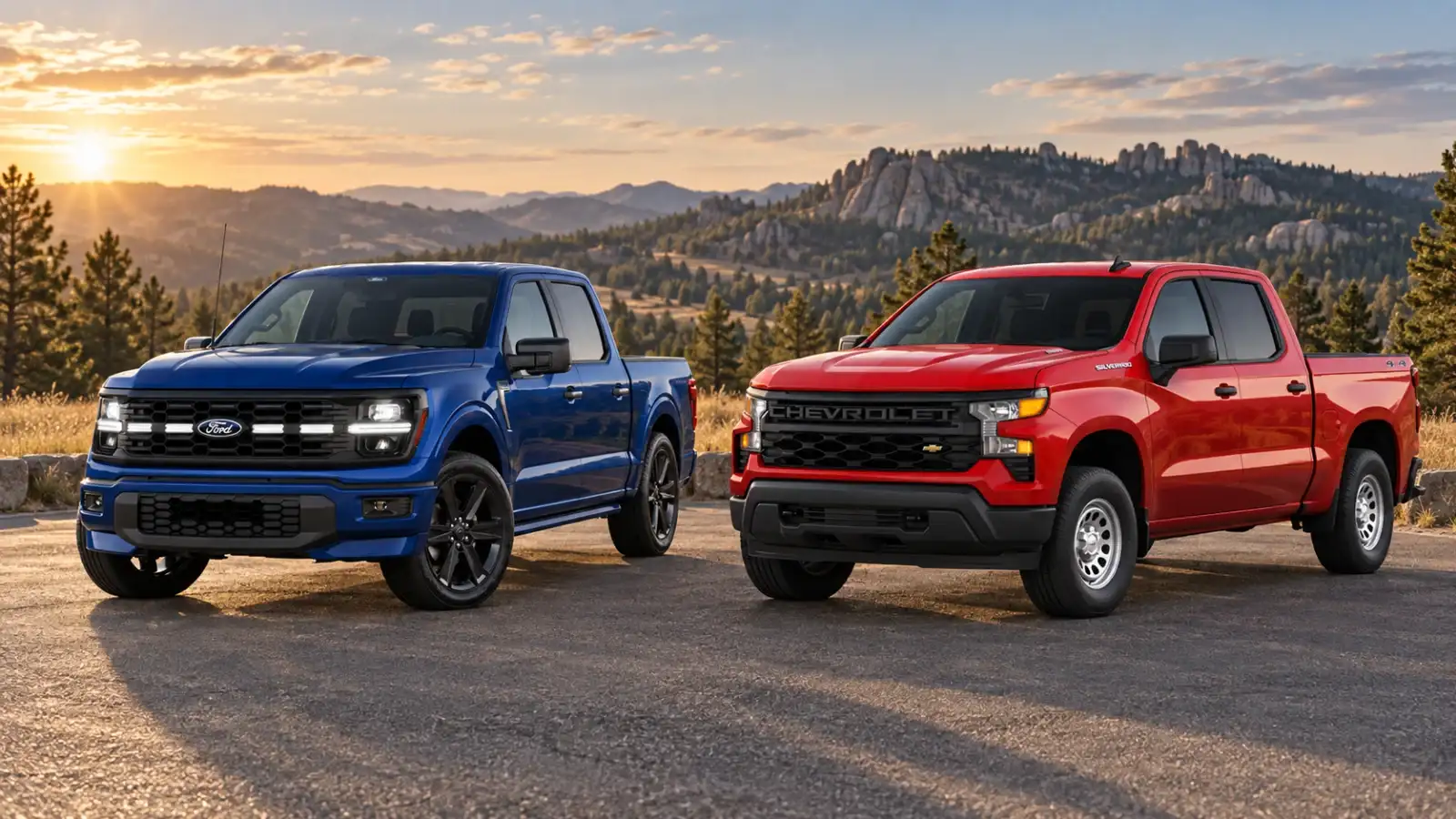2026 Ford F-150 beside a 2026 Chevrolet Silverado 1500