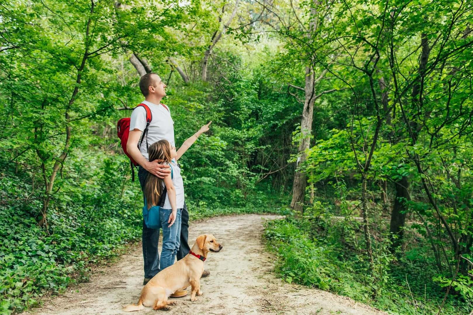 Father and daughter on hike in woods near Watertown, CT with dog