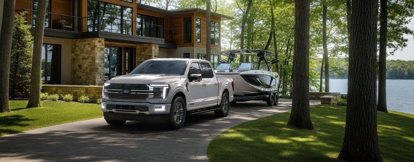 White 2026 Ford F-150 for sale parked near a lake