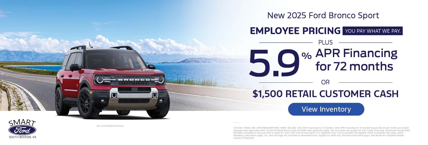 Employee Pricing plus either 5.9% APR for 72 Months or $1,500 Retail Customer Cash