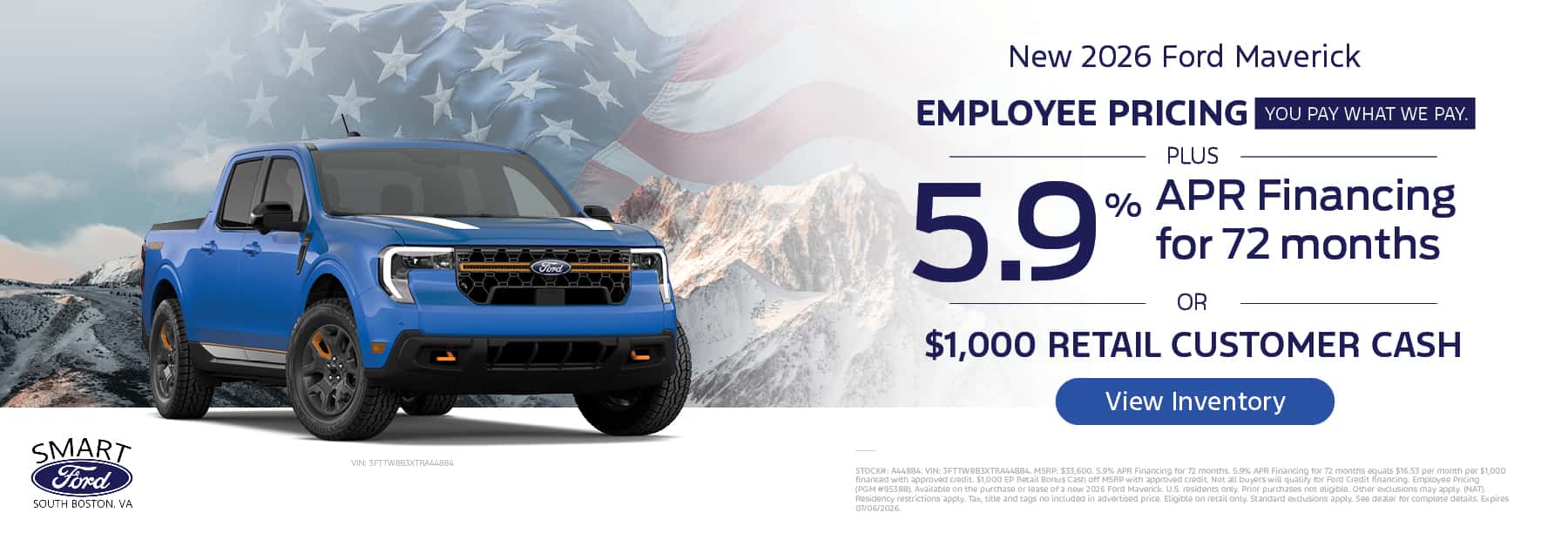Get employee pricing and 5.9% APR for 72 months on a new 2026 Ford Maverick