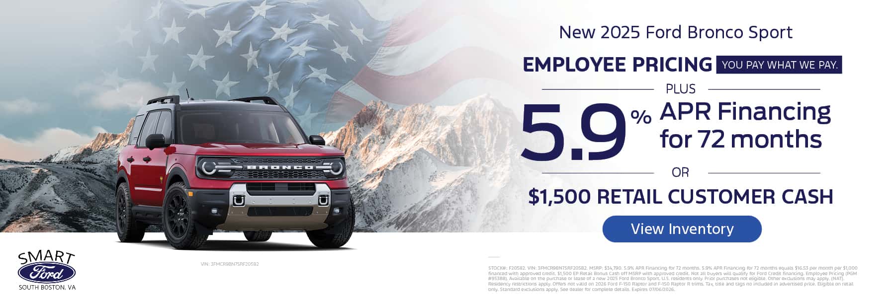 Get employee pricing and 5.9% APR for 72 months on a new 2025 Ford Bronco Sport