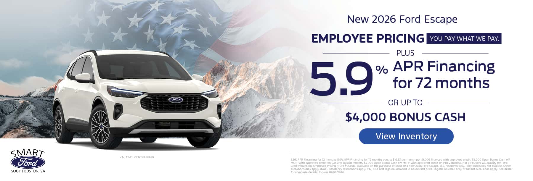 Get employee pricing and 5.9% APR for 72 months on a new 2026 Ford Escape