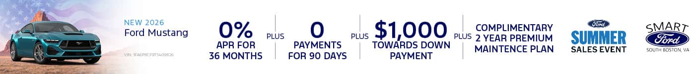 Get 0% APR for 36 Months + 0 Payments for 90 Days + $1,000 Toward Down Payment and a complimentary 2-year Premium Maintenance Plan on a new 2026 Mustang