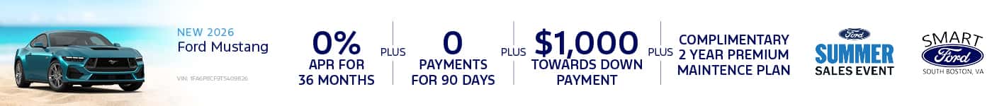 Get 0% APR for 36 Months + 0 Payments for 90 Days + $1,000 Toward Down Payment and a complimentary 2-year Premium Maintenance Plan on a new 2026 Mustang