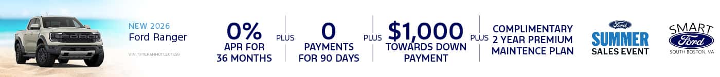 Get 0% APR for 36 Months + 0 Payments for 90 Days + $1,000 Toward Down Payment and a complimentary 2-year Premium Maintenance Plan on a new 2026 Ranger.