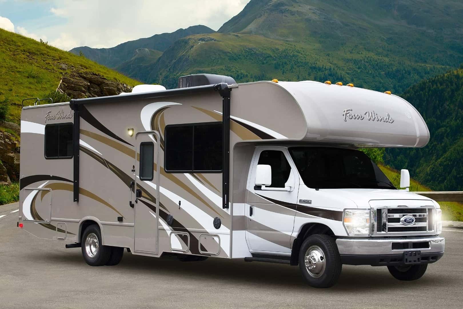 rv with mountains in background