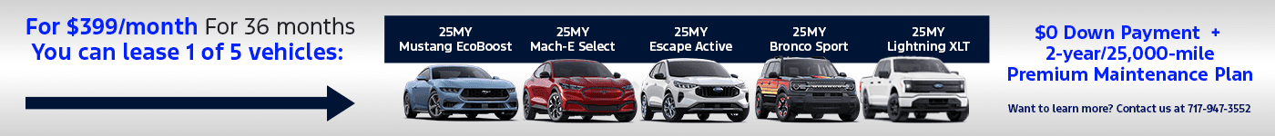 For $399/month Subtext For 36 months You can lease 1 of 5 vehicles: 25MY Mustang EcoBoost 25MY Mach-E Select 25MY Escape Active 25MY Bronco Sport 25MY Lightning XLT + $0 Down Payment + 2-year/25,000-mile Premium Maintenance Plan