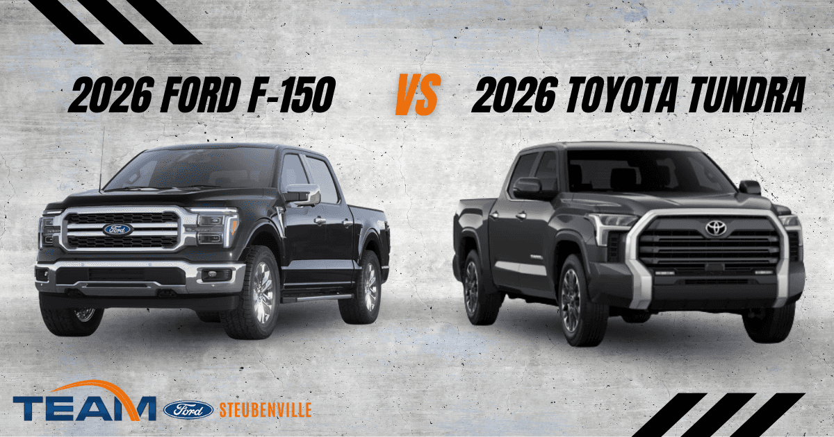 2026 Ford F-150 and 2026 Toyota Tundra full-size pickup trucks side by side at Team Ford Steubenville in Steubenville, OH