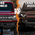 Side-by-side comparison of the 2025 Ford Bronco and 2025 Land Rover Defender showing exterior design