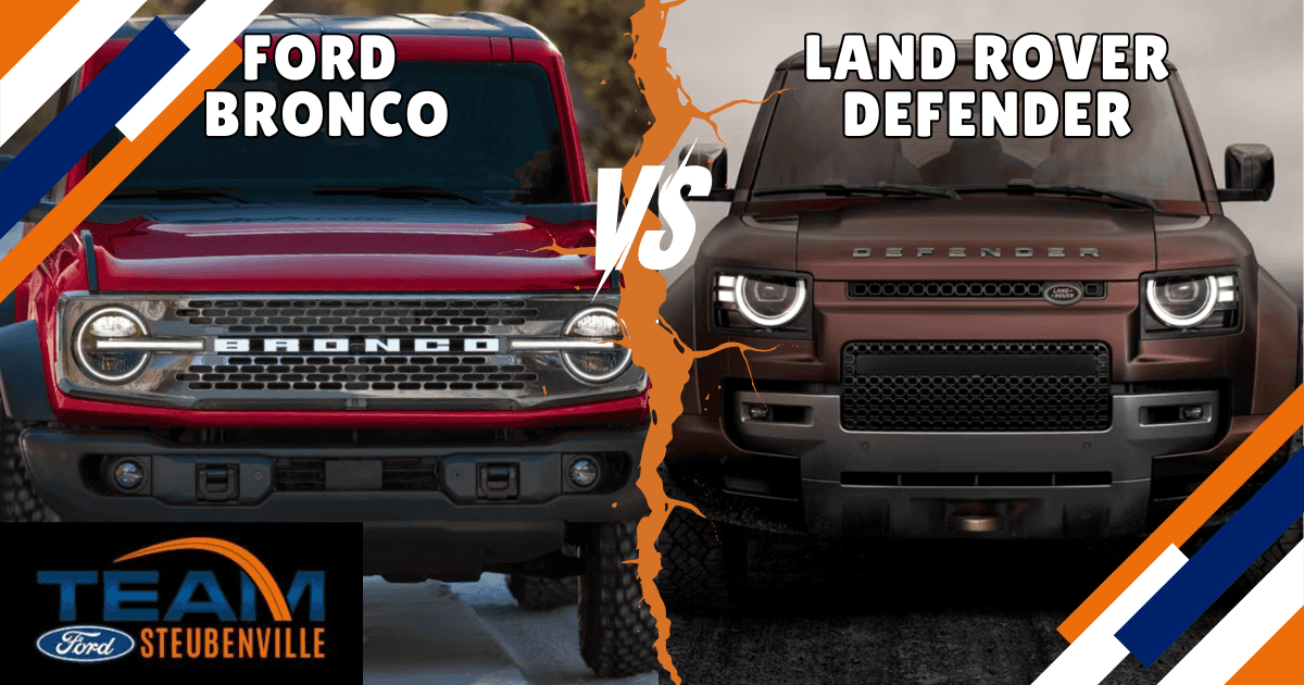 Side-by-side comparison of the 2025 Ford Bronco and 2025 Land Rover Defender showing exterior design