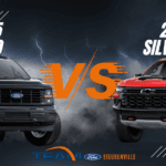 Side-by-side comparison of the 2025 Ford F-150 and 2025 Chevrolet Silverado showing exterior design and full-size pickup features