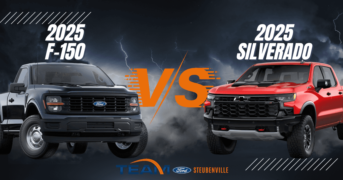 Side-by-side comparison of the 2025 Ford F-150 and 2025 Chevrolet Silverado showing exterior design and full-size pickup features