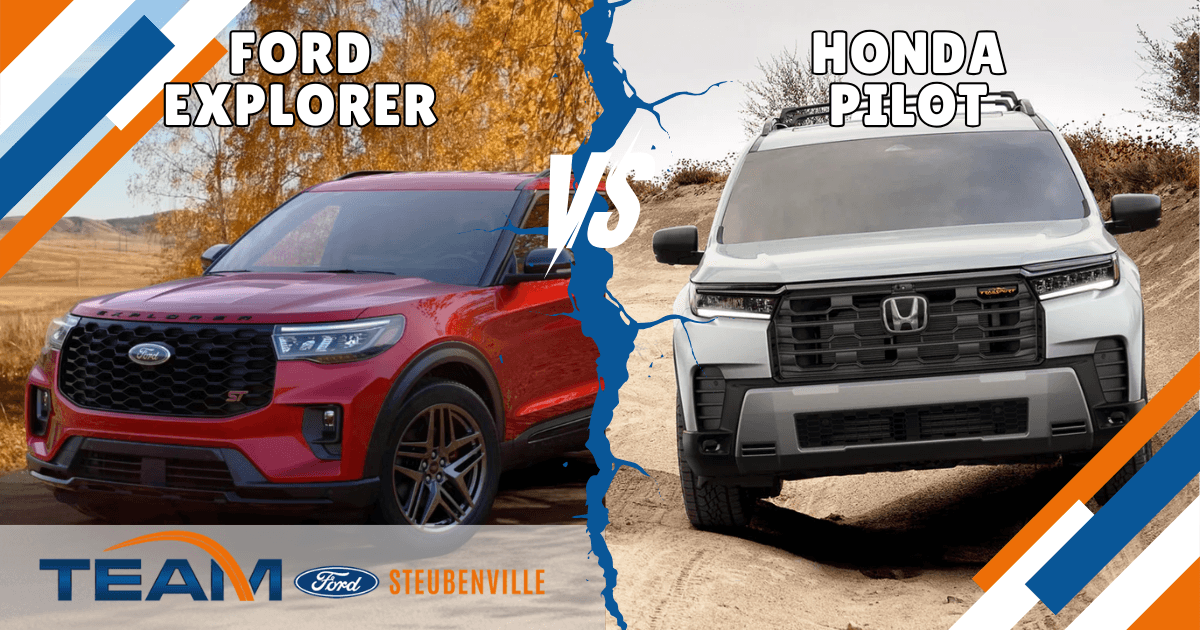 2026 Ford Explorer shown as a stronger three-row SUV option compared to the 2026 Honda Pilot.