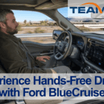 Ford vehicle using BlueCruise hands-free driving technology on an Ohio highway, showing the dashboard display and lane guidance
