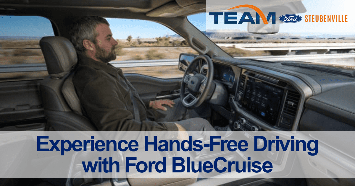 Ford vehicle using BlueCruise hands-free driving technology on an Ohio highway, showing the dashboard display and lane guidance