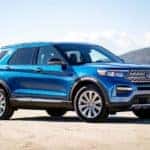 A blue 2022 Ford Explorer Hybrid.